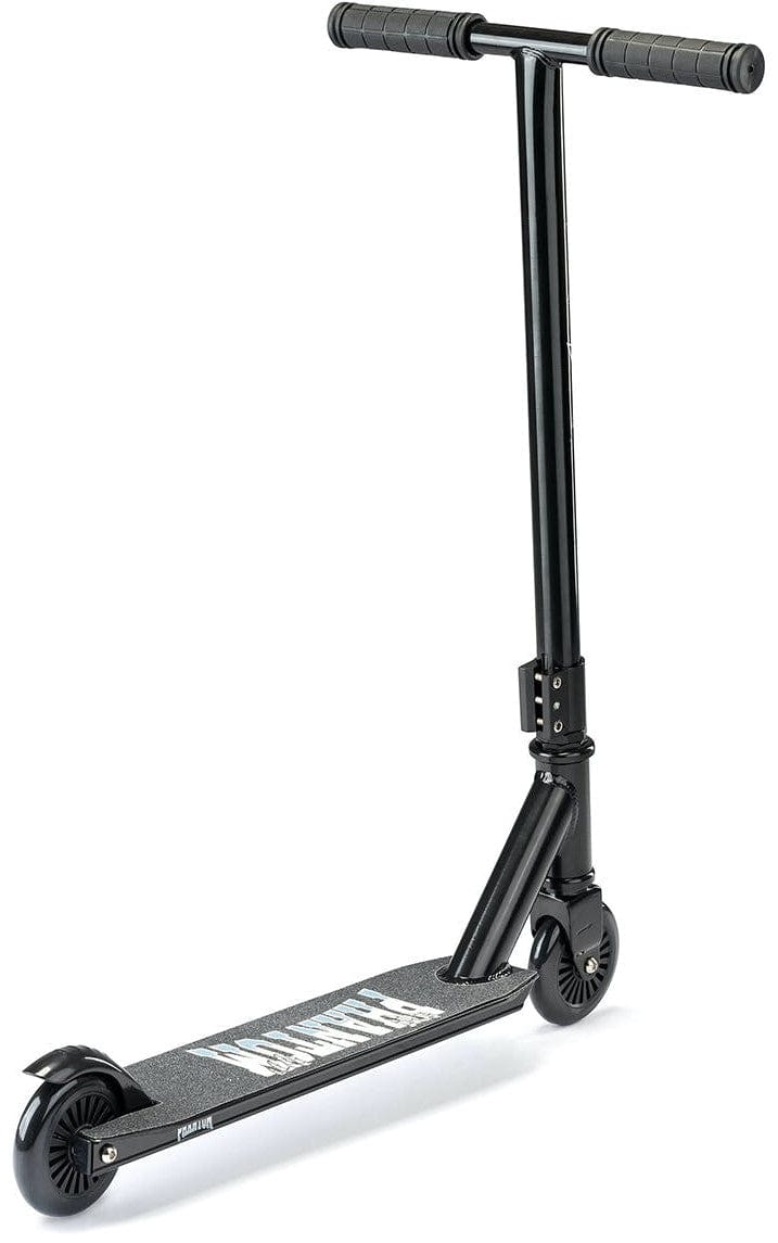 The Xootz Complete Stunt Scooter - Phantom Black showcases a stylish design with a T-shaped handlebar, a textured deck for enhanced grip, and two small wheels. Its robust aluminum construction makes it perfect for tricks and freestyle riding, making it an ideal choice for beginners looking to master their skills.