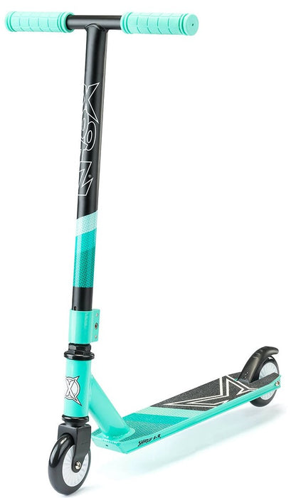 Introducing the Xootz Complete Stunt Scooter - Shred 2.0 Teal, a stylish turquoise and black scooter tailored for younger riders. This sleekly designed scooter features a non-slip deck, two wheels, and comfortable handlebars to help master beginner tricks. Displayed against a white background, it embodies both safety and style.