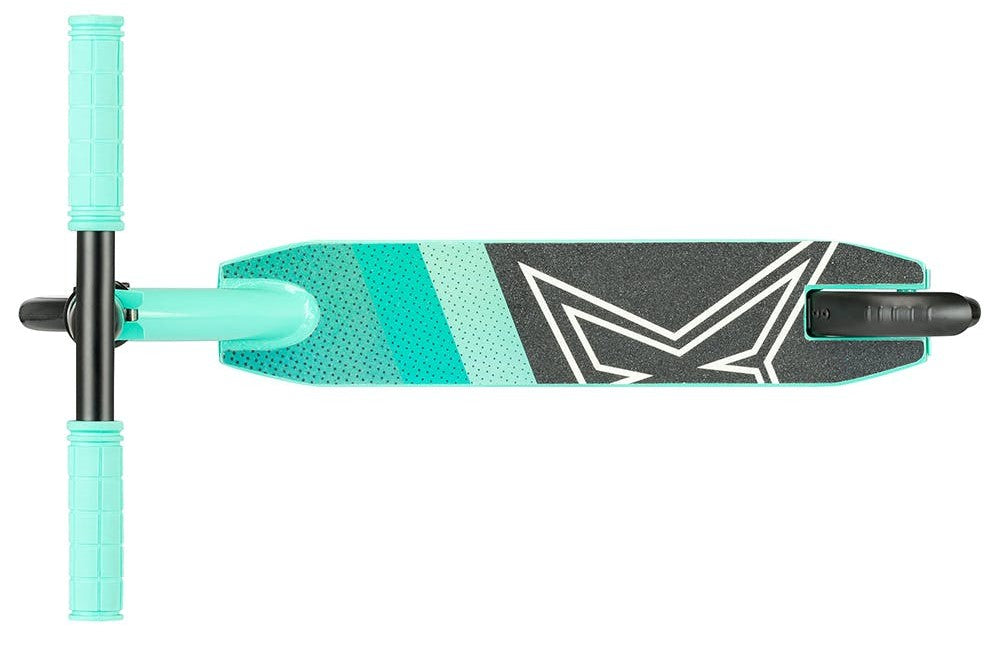 Introducing the Xootz Complete Stunt Scooter - Shred 2.0 Teal, designed for younger riders with a top view of teal and black styling. It features matching handlebars and a deck displaying a gradient design with a geometric pattern, making it ideal for beginner tricks.