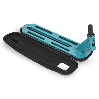 The Invert Supreme Launch Tramp Trainer, a scooter deck in blue from the Invert brand, features an innovative teal design with cut-out slots and is combined with a black brake. This model also includes a black protective cover with a brake aperture, all showcased on a white background.