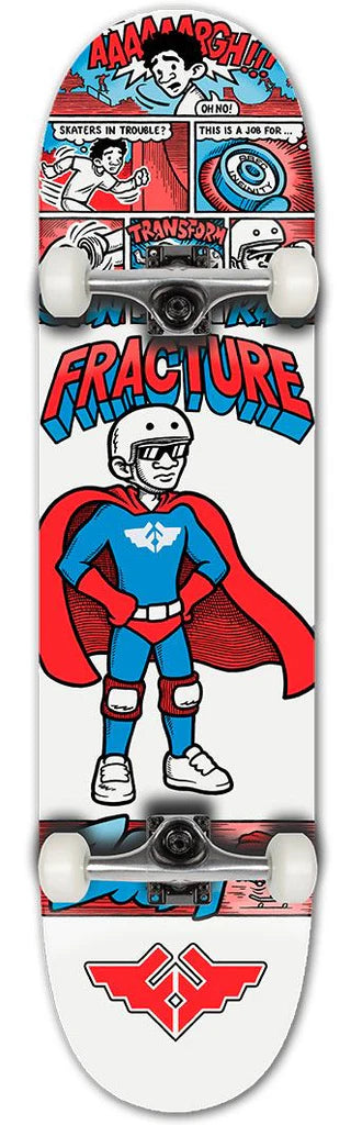 The Fracture X Jon Horner Fracture Man Complete Skateboard - 8" x 32" features a vintage comic-inspired design with a superhero clad in blue and red, complete with a cape. The board's dynamic comic panels burst with phrases like "AAAAARGH!!!" and "SKATERS IN TROUBLE?!", all set on a sturdy 7-ply Canadian maple deck paired with durable Fracture Wings trucks.