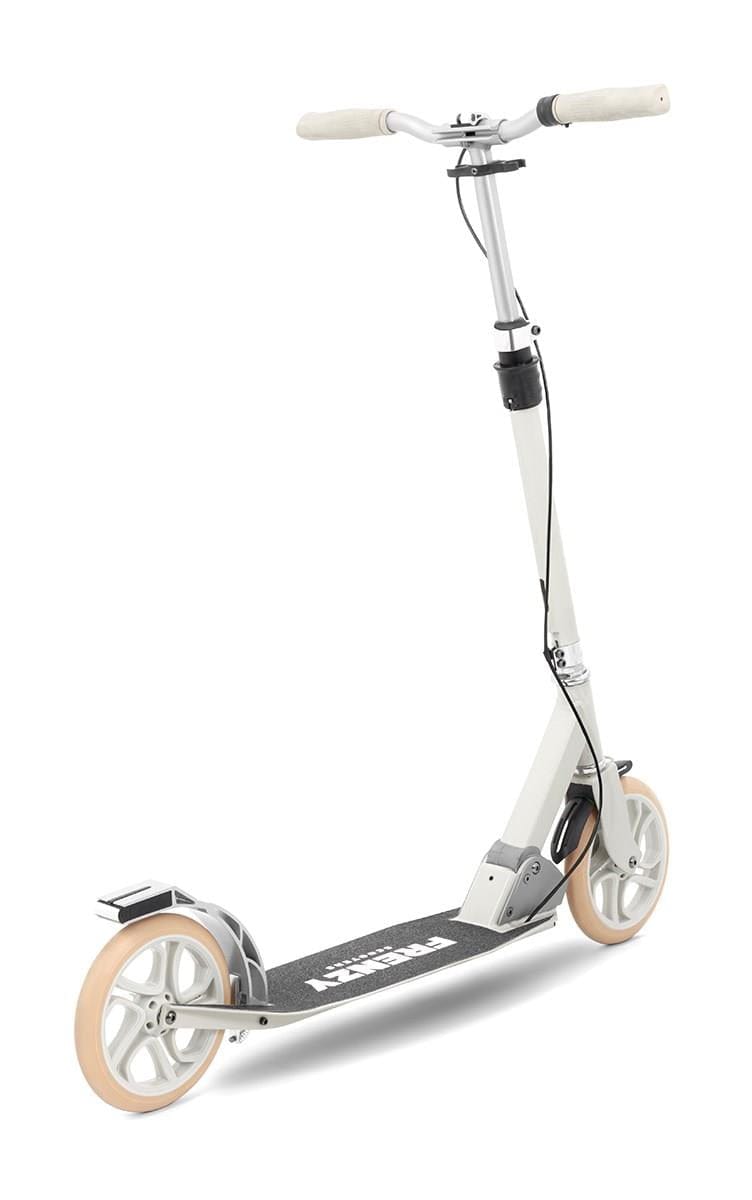 The Frenzy 205mm Dual Brake V4 Foldable Commuter Scooter by Frenzy showcases a sleek silver frame with white handlebars and large beige wheels. It features a black deck adorned with a visible logo, a foldable design for easy carrying, and a dual brake system, including a fender brake on the rear wheel. This cream-colored scooter is displayed upright on a white background.