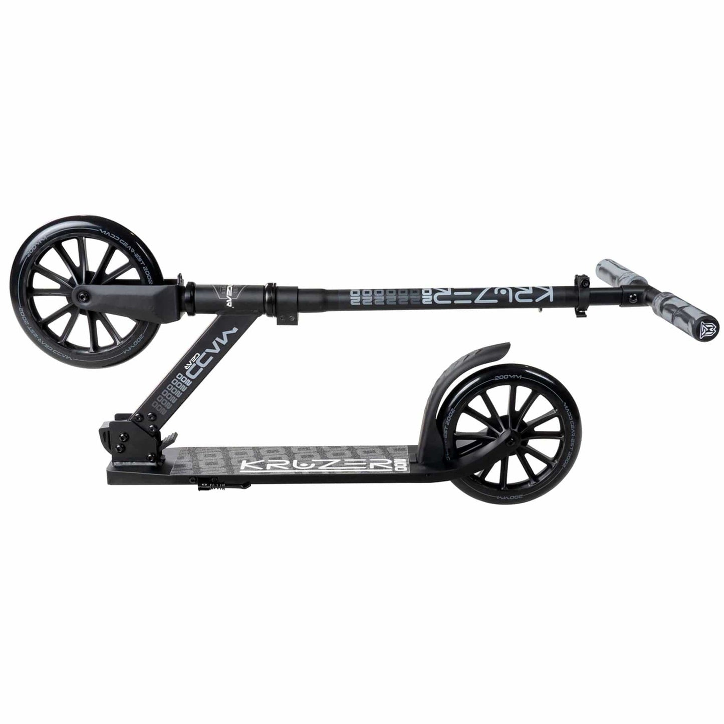 A sleek black Madd Gear MGP Carve Kruzer V2-200 commuter foldable scooter featuring large wheels and a collapsible frame. It has a durable deck labeled "Kruzer" and comes with adjustable handlebars with grips, making it ideal for urban commuting.