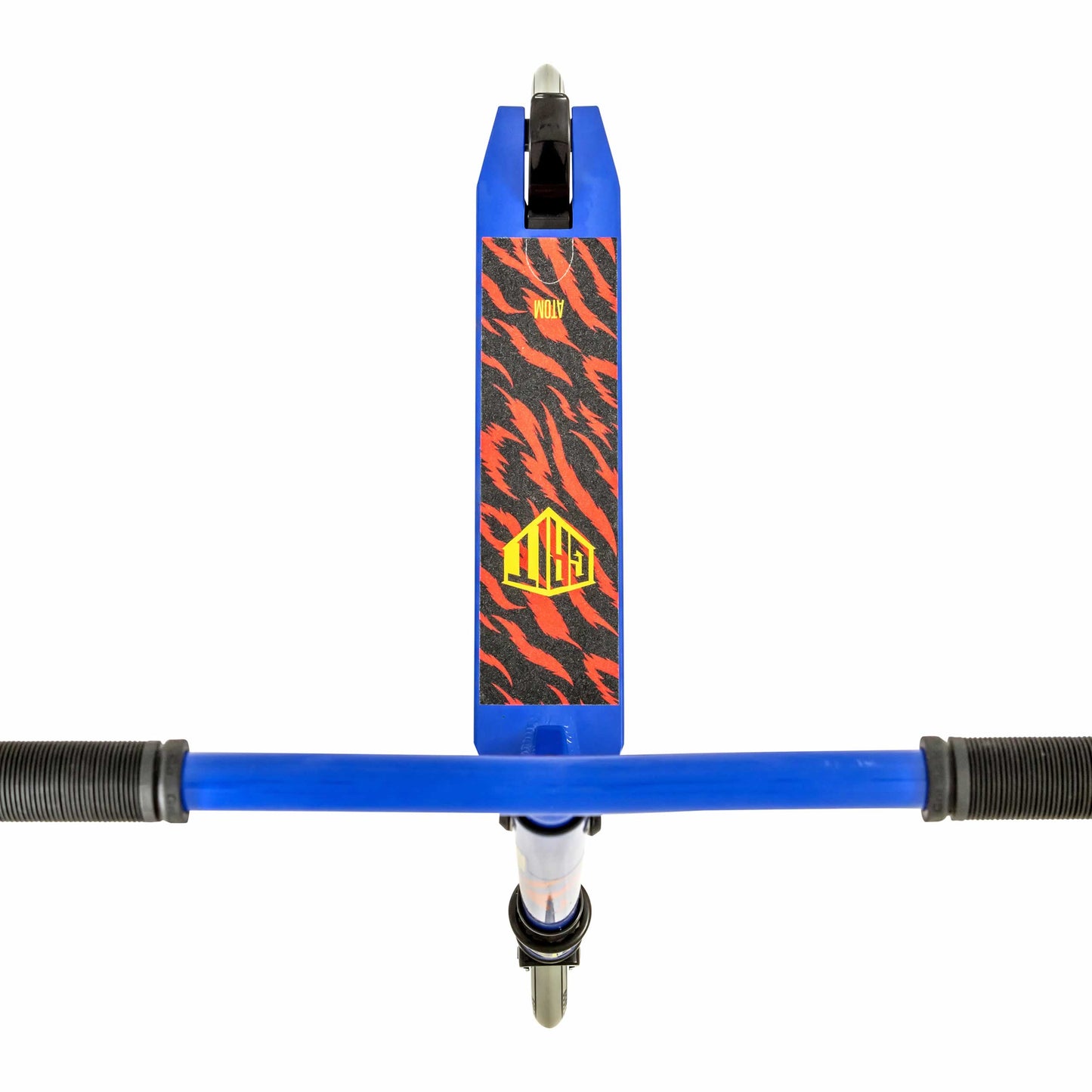 The Grit Atom 2021 Kids Complete Stunt Scooter - Blue is displayed from above, featuring a deck adorned with a striking red and black tiger stripe pattern and a prominent yellow logo. The scooter's handlebars and wheels are distinctly shown, emphasizing its sporty design ideal for beginners.