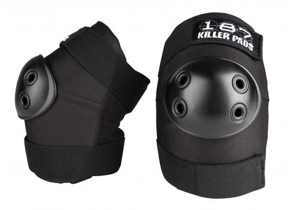 These black knee pads, ideal for skaters, boast hard plastic caps and adjustable straps. Designed for safety protection during skating or other activities, they prominently feature the "187" brand on the fabric.