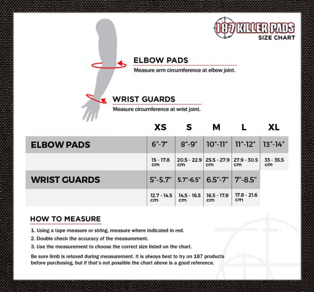 Explore the size chart for the 187 Killer Elbow & Knee Combo Skate Protection Pads Set in Black by 187, showcasing measurements for elbow pads and wrist guards from XS to XL. The guide includes straightforward instructions on measuring your arm and wrist circumference to ensure a perfect fit for maximum safety protection.