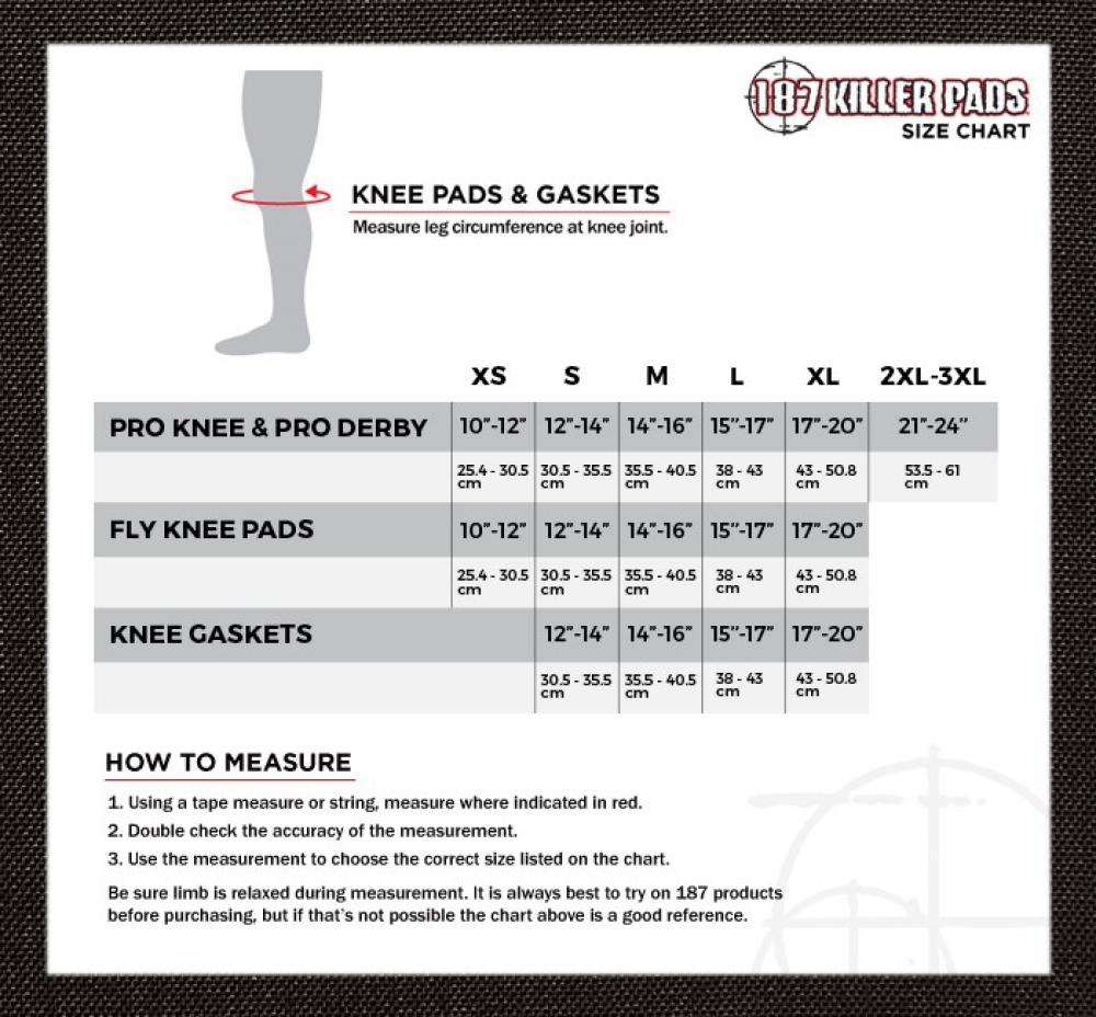 Explore the size chart for the 187 Killer Elbow & Knee Combo Skate Protection Pads Set - Black, designed specifically for skaters. Available in sizes XS to 2XL-3XL, it includes leg circumference measurements in both inches and centimeters. The chart also offers measuring instructions and a leg silhouette to ensure optimal safety protection.