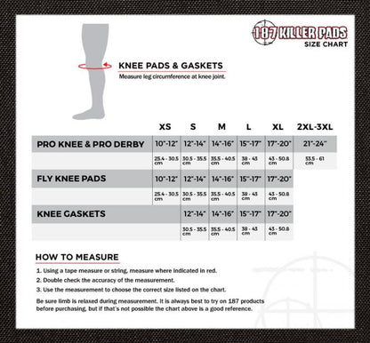 187 Killer Pro Knee Skate Protection Pads - Black - Size Guide