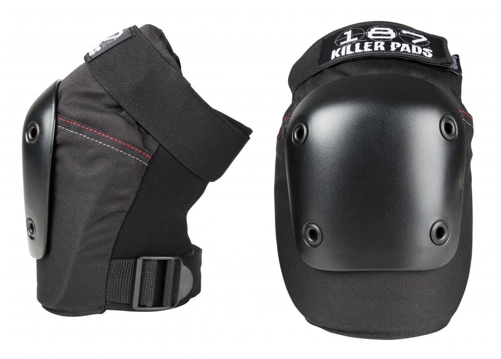 A pair of 187 Fly Knee Skate Protection Pads in black, equipped with hard plastic caps and adjustable straps, provides vital knee protection. The left pad is displayed from the side, while the right pad is shown from the front, prominently highlighting the "187" brand—perfect for action sports enthusiasts.