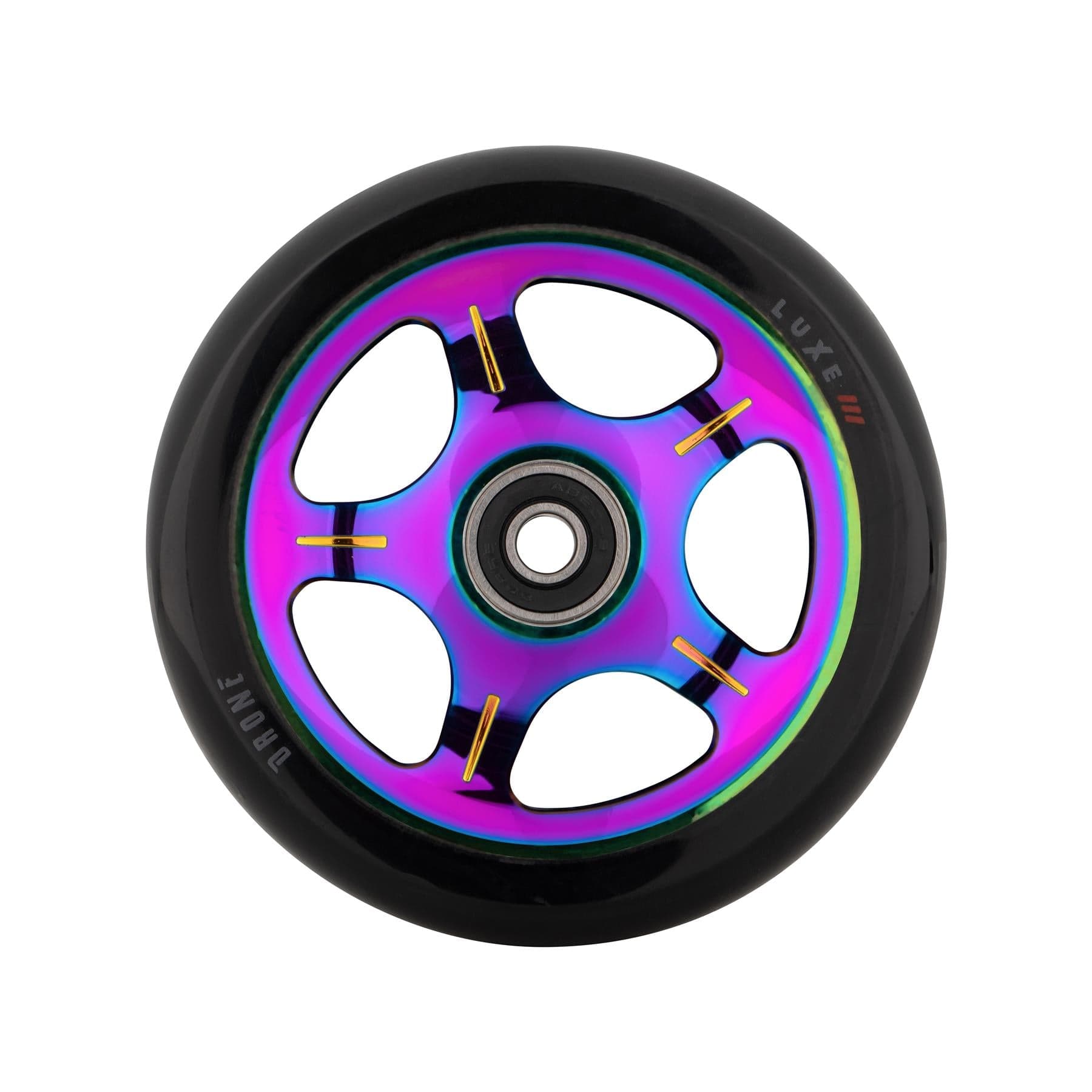 Enjoy the Drone Luxe 3 Dual-Core 110mm Stunt Scooter Wheel in Neochrome, featuring a vibrant multicolor glossy finish and black rim. Its metallic rainbow-sheen core has an airy, five-spoke design with Ultra-Sonix bearings for a feather-light ride.