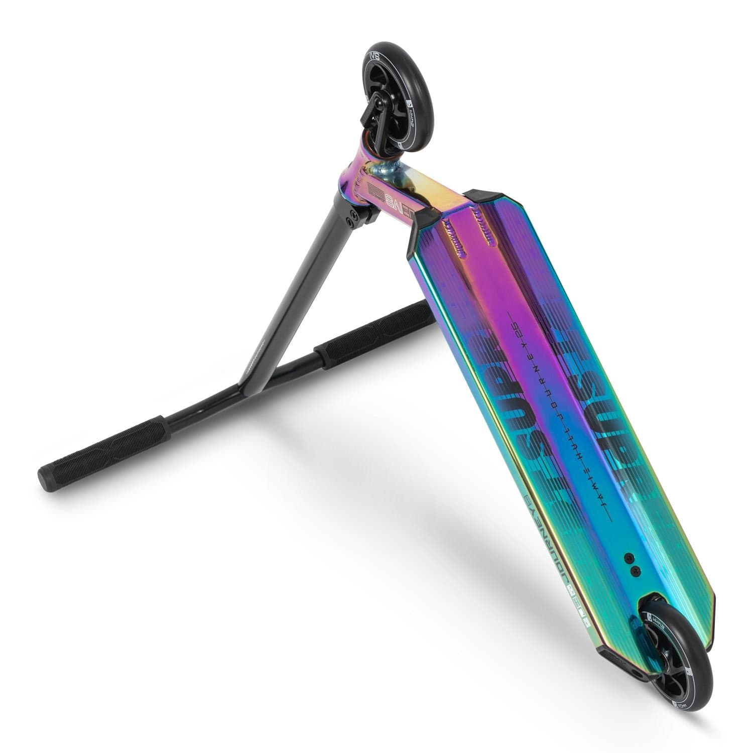 The Invert Supreme Journey 2.5 Jamie Hull Stunt Scooter in Oil Slick Neochrome is an ideal choice for intermediate riders. Displayed from the side, it stands on its kickstand, showcasing black handles and "E-Scoot" on the deck. This sleek two-wheel design ensures both durability and maneuverability.