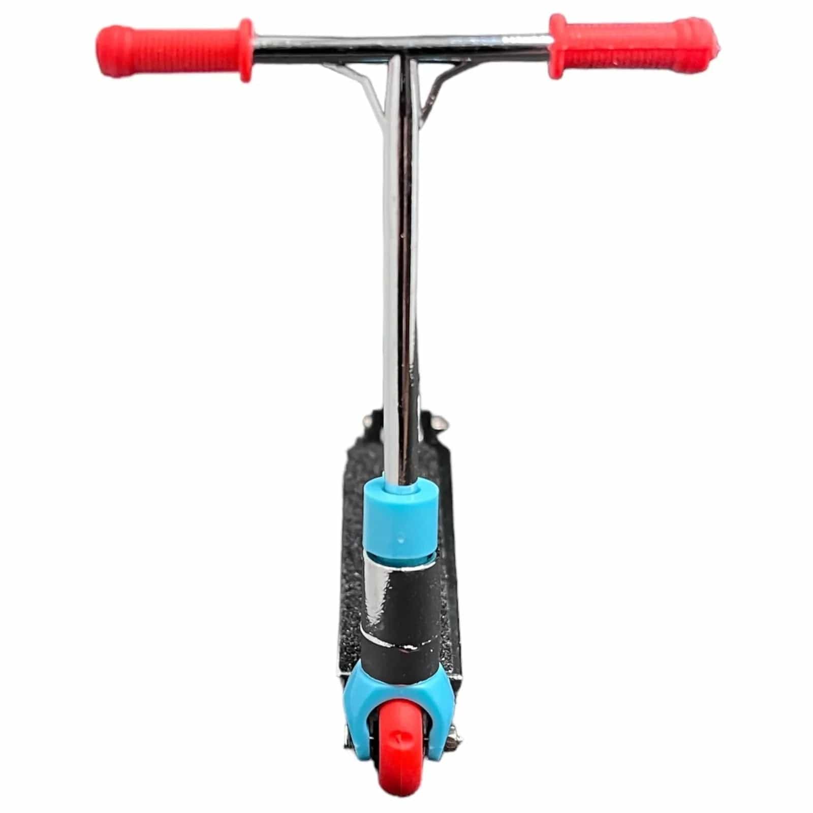 Check out the front view of the Fingers Whips Finger Toy Scooter - Chrome from Finger Whips, featuring a shiny metal T-bar handle. It sports red grips and wheels, a blue neck, and a black textured deck—ideal for finger scooter fans who love extreme sports miniatures.