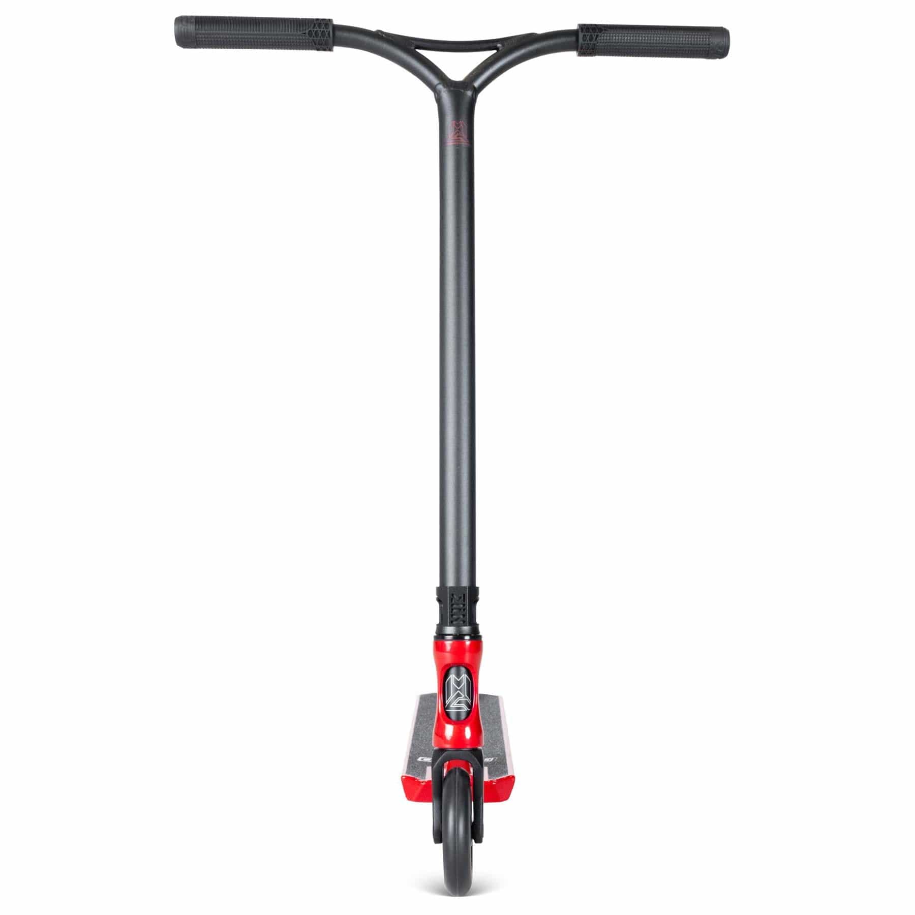 The Madd Gear VX Origin III 450 Complete Stunt Scooter in Blood Red features a "T" handlebar with black grips and a sleek red neck. Perfect for park riders, its lightweight design is enhanced by the eye-catching red front wheel set on a white background.