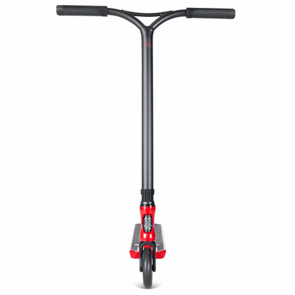 The Madd Gear VX Origin III 450 Complete Stunt Scooter in Blood Red features a "T" handlebar with black grips and a sleek red neck. Perfect for park riders, its lightweight design is enhanced by the eye-catching red front wheel set on a white background.