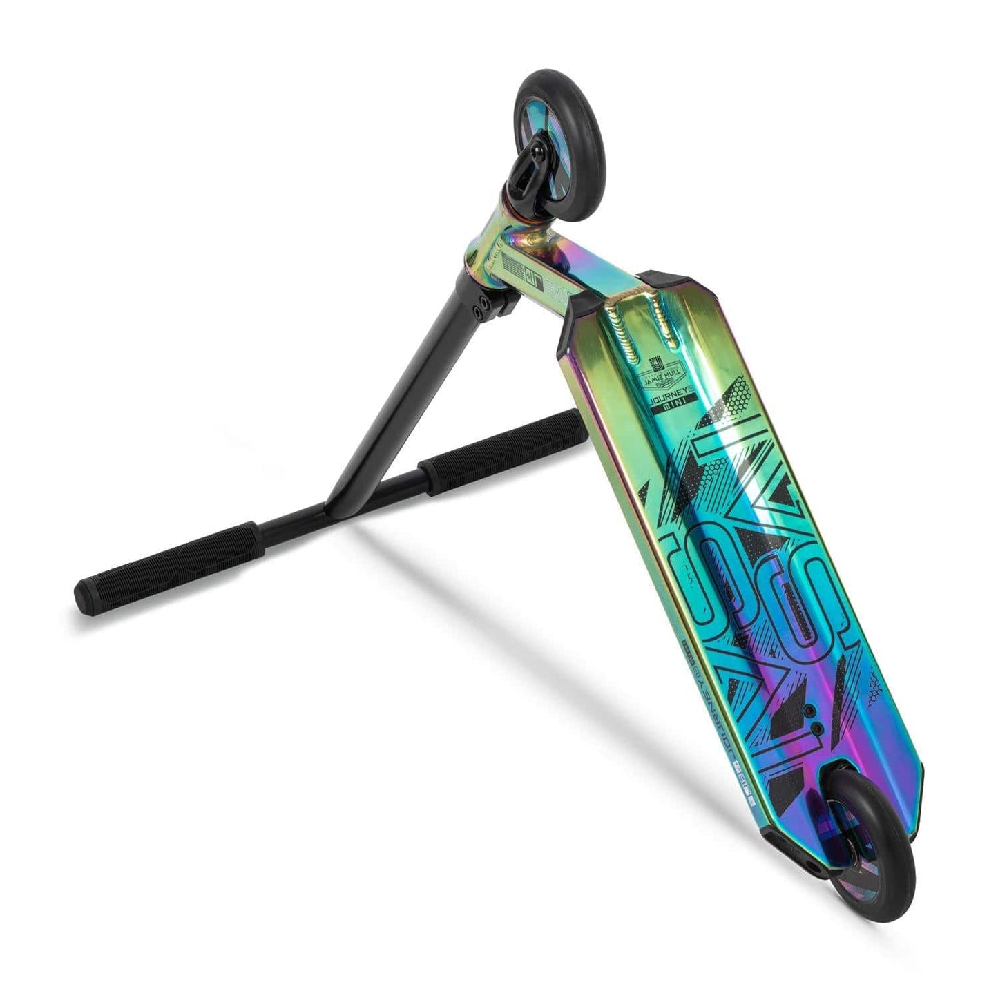 The Invert Supreme Journey 1+ Mini Jamie Hull Stunt Scooter - Oil Slick features a vibrant metallic rainbow finish on the deck with a geometric pattern. Ideal for young riders, this scooter rests on its side to highlight the front wheel and handlebars against a white backdrop—perfect for skatepark adventures.