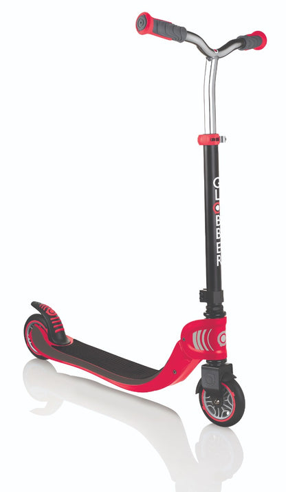 The Globber Flow 125 Foldable Kids Scooter in black and red is a stylish scooter featuring a curved frame and two wheels. It includes an adjustable T-bar for comfort, along with handlebars that have red grips. "GLOBER" is displayed vertically on the stem, and the deck provides a textured black surface for enhanced stability.