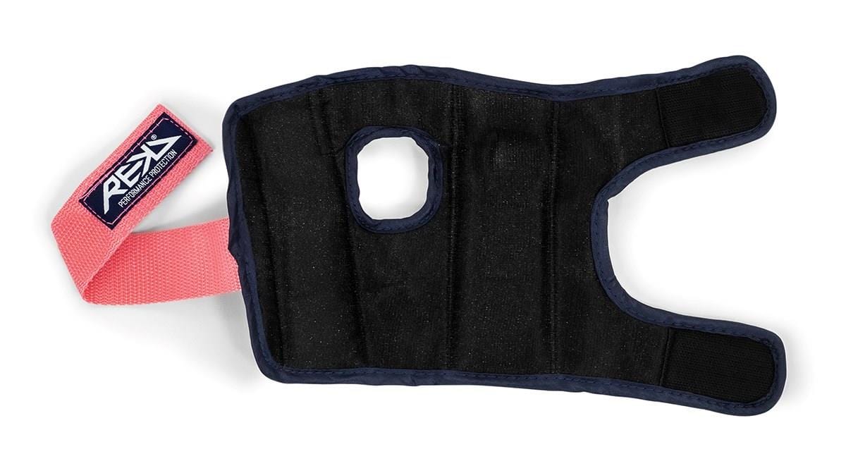 Introducing the REKD Heavy Duty Triple Skate Protection Pad Set in Blue and Pink. This protective mitt features black and navy coloring with dual velcro straps, highlighted by a unique pink strap and a central hole design. Crafted from sturdy material, it delivers exceptional impact protection ideal for training or sports activities.