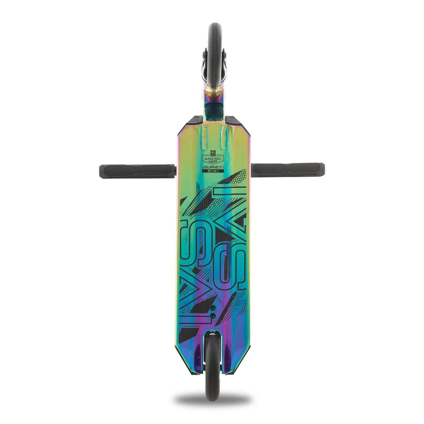 Bottom view of the Invert Supreme Journey 1+ Mini Jamie Hull Stunt Scooter - Oil Slick, featuring a vibrant and eye-catching design with stylized text on the deck. Its high-quality components, including the extended wheels and handlebars, highlight its sleek and modern look, perfectly suited for skatepark action against a plain background.