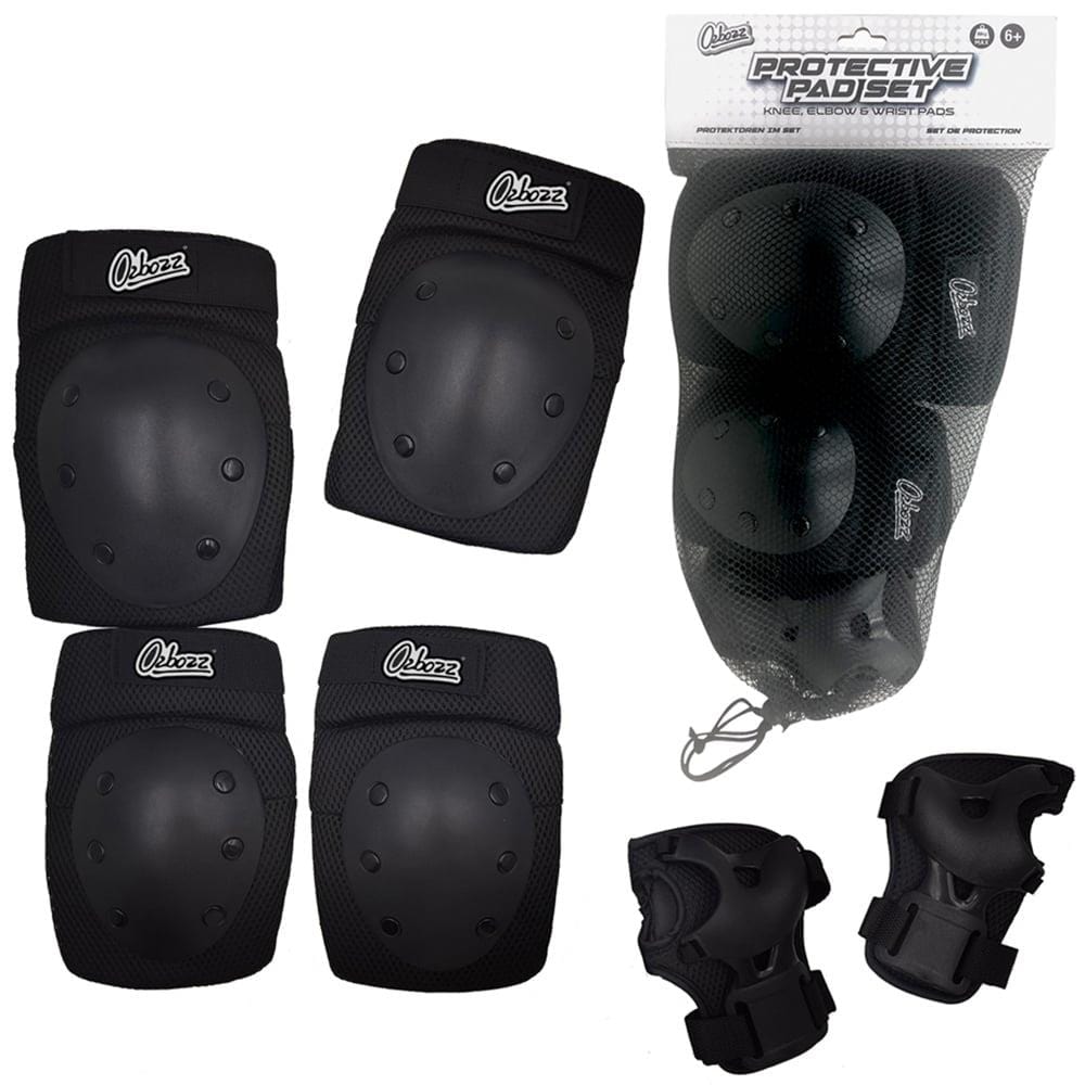 The Ozbozz Triple Skate Protection Pad Set in black includes knee pads, elbow pads, and wrist guards, displayed with packaging. It is expertly designed by Ozbozz for sports safety.