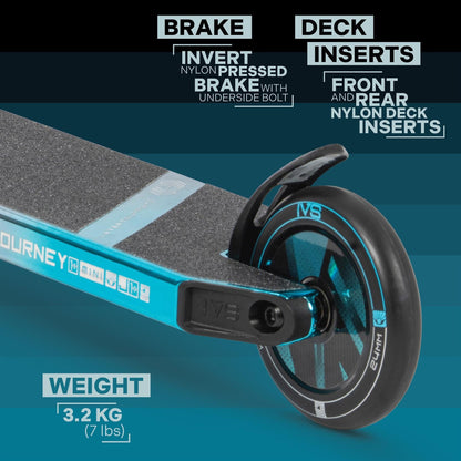 A close-up image of the Invert Supreme Journey 1+ Mini Jamie Hull Stunt Scooter reveals a striking black and tri electro teal design. The text highlights its high-quality features, including a nylon pressed brake with an underside bolt, and front and rear nylon deck inserts. Perfect for skatepark action, this scooter weighs 3.2 kg (7 lbs).