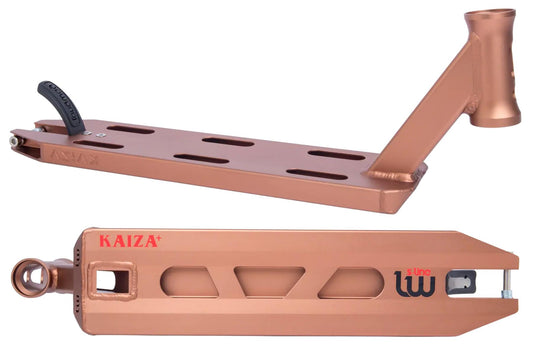 Image of the Longway S-Line Kaiza+ Copper Stunt Scooter Deck, a metallic bronze deck with cutout designs and "KAIZA+" on one side. Ideal for park riders, it includes a head tube for handlebars and a foot brake, featuring durable titanium bolts for strength.