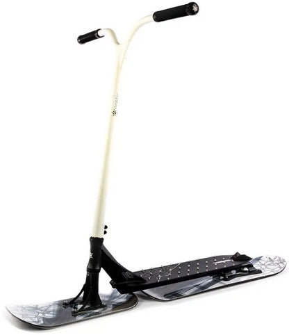 The Eretic Snow Scooter - Powder offers a sleek black standing platform, white handlebar, black grips, and skis for thrilling winter tricks on snow.