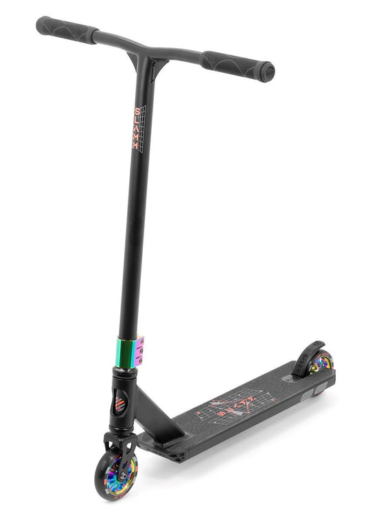 The Slamm Classic Complete Stunt Scooter - Neochrome is a black beginner stunt scooter featuring 110mm alloy wheels with rainbow highlights and a deck adorned with vibrant graphics. Its black handlebar comes with grips on both ends, and it showcases a sturdy, sleek design accentuated by colorful touches near the base.