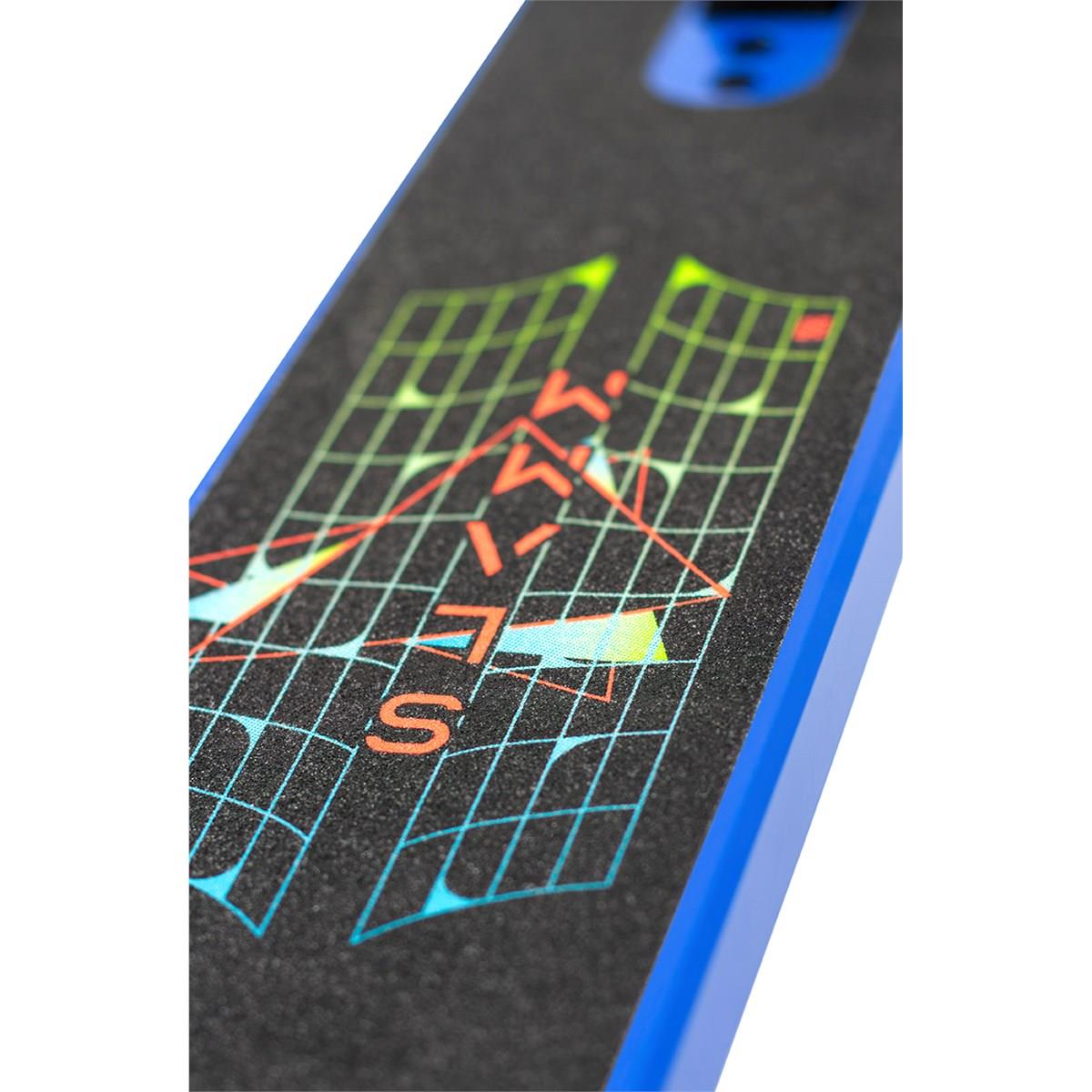 Close-up of a skateboard deck with a black grip tape surface, featuring vibrant geometric patterns and lines forming abstract shapes, accented by blue edges. Its design takes cues from the dynamic style of the Slamm Classic Complete Stunt Scooter - Blue, equipped with Pro Team grips.