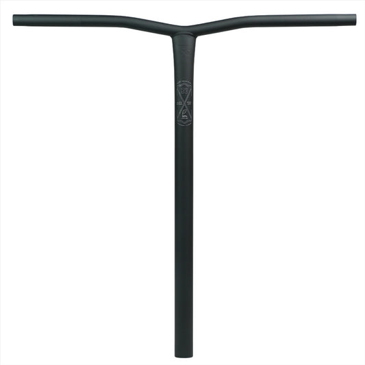 Introducing the Root Industries ChromoLite Steel Oversized HIC Stunt Scooter Bars in black, measuring 620mm x 600mm. These sleek T-shaped bars feature subtle logo markings on the vertical section and are crafted from durable chromoly steel. They offer a wide, straight grip area with a slightly curved section for enhanced control, making them perfect for your stunt scooter needs.