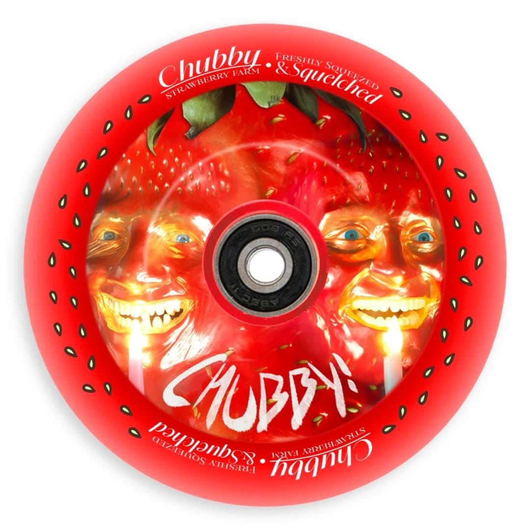 A dynamic Chubby Hollowcore 110mm Stunt Scooter Wheel showcasing a design of two cheerful strawberries with human-like features. The wording on the wheel states "Chubby Strawberry Farm - Freshly Squeezed & Squelched." Ideal for anyone seeking lightweight scooter wheels with a playful and charming vibe.