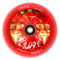 A dynamic Chubby Hollowcore 110mm Stunt Scooter Wheel showcasing a design of two cheerful strawberries with human-like features. The wording on the wheel states "Chubby Strawberry Farm - Freshly Squeezed & Squelched." Ideal for anyone seeking lightweight scooter wheels with a playful and charming vibe.