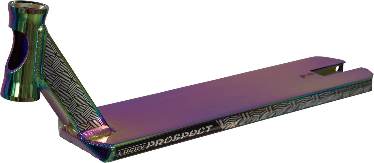 Introducing the Lucky Prospect 2022 Oil Slick Neochrome Stunt Scooter Deck, measuring 4.8" x 19.5". This multicolored deck showcases a glossy finish with geometric patterns along the sides and is crafted from extruded 6061 Aluminum T6. It prominently features the words "LUCKY PROSPECT" and includes a larger deck size with a hollow head tube at the front for enhanced performance.