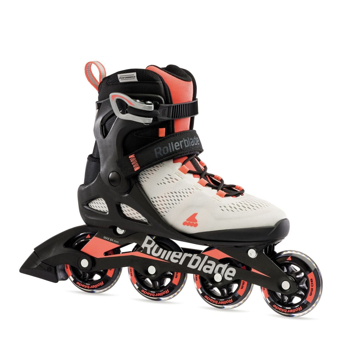 The Rollerblade 2022 Macroblade 80 Women's Inline Skates are ideal for beginner skaters. They come with a sleek grey frame and four wheels, complemented by a stylish boot in grey with coral accents. Equipped with adjustable straps for added support, the skates proudly feature the "Rollerblade" brand name, guaranteeing quality and performance.