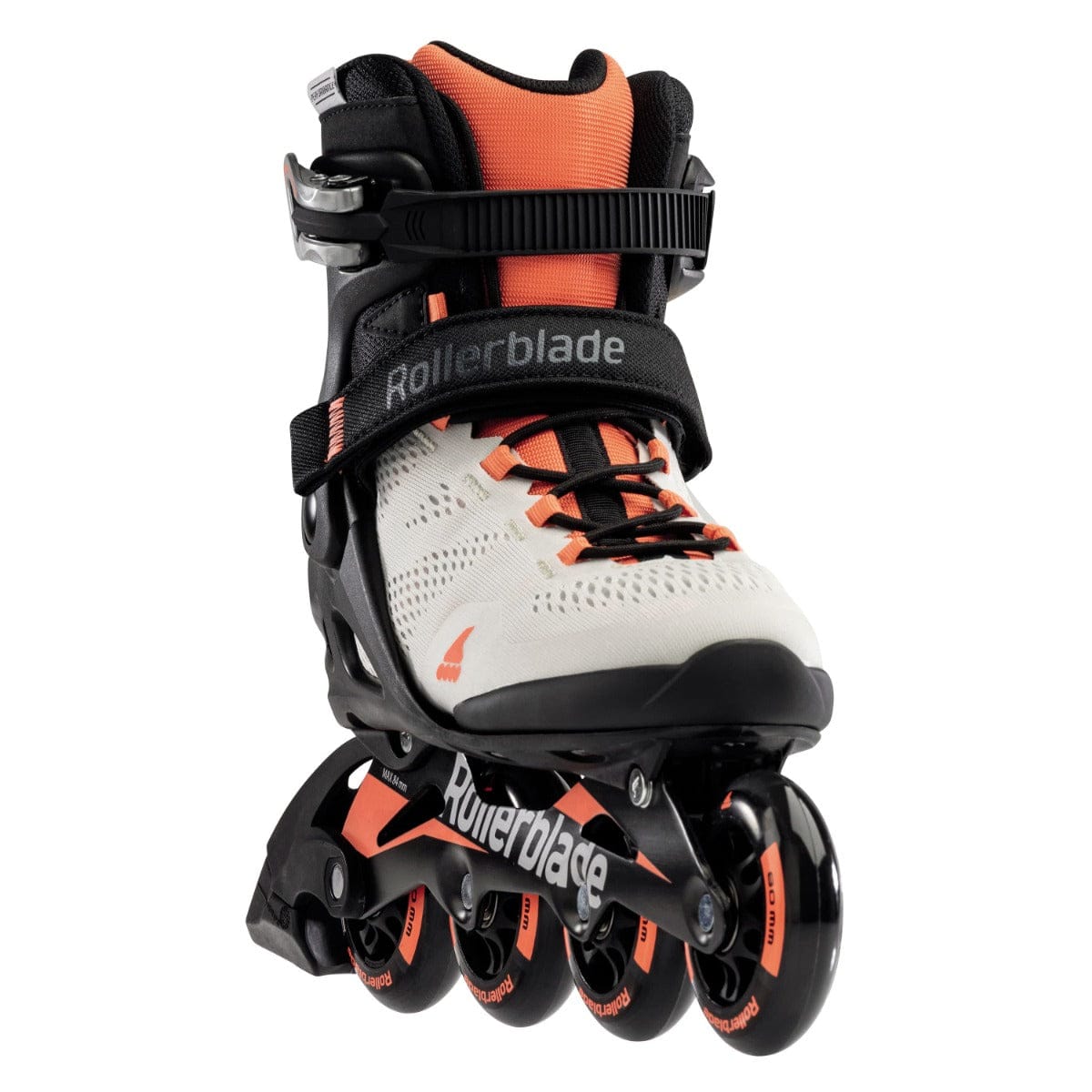 The Rollerblade 2022 Macroblade 80 Women's Inline Skate, in grey and coral, features a single inline skate design with four wheels and black accents. It includes a black strap labeled with "Rollerblade" and is suitable for beginner skaters. The skate is equipped with ventilation holes and a robust black support frame to enhance balance.