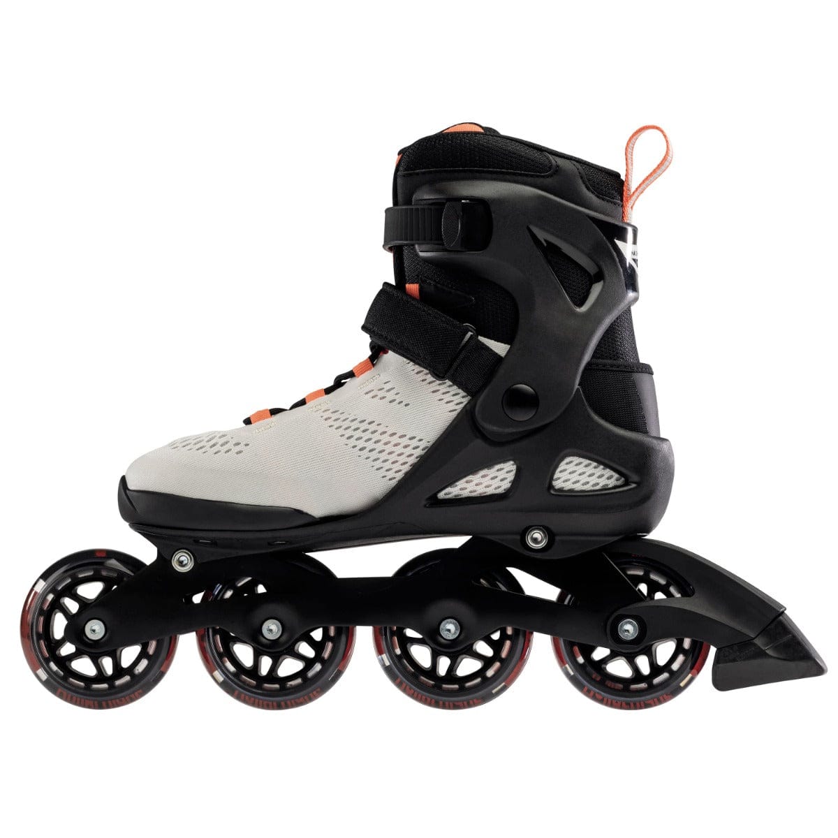 A side view of the Rollerblade 2022 Macroblade 80 Women's Inline Skates exhibits four wheels, making it ideal for beginner skaters. The predominantly grey boot is highlighted by black and coral accents, with adjustable straps and a robust black frame supporting the wheels, perfect for women who enjoy inline skating.