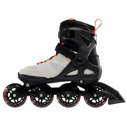 A side view of the Rollerblade 2022 Macroblade 80 Women's Inline Skates exhibits four wheels, making it ideal for beginner skaters. The predominantly grey boot is highlighted by black and coral accents, with adjustable straps and a robust black frame supporting the wheels, perfect for women who enjoy inline skating.