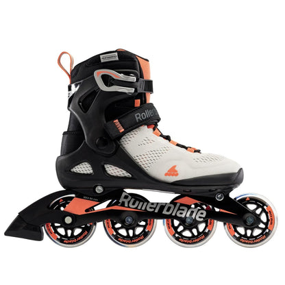 The Rollerblade 2022 Macroblade 80 Women's Inline Skates are ideal for beginner skaters. This women's inline skate includes a single boot with four wheels and comes in a primarily grey color with coral accents. It features a strap and buckle for secure fastening, while the sleek design enhances the stylish wheel detailing.