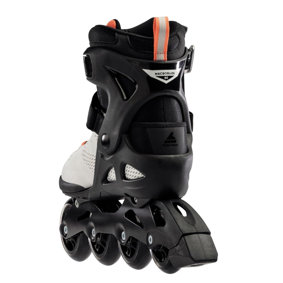 Close-up of a grey and coral Rollerblade 2022 Macroblade 80 Women's Inline Skate, featuring four wheels and an ankle strap. Perfect for beginner skaters, the boot showcases orange accents and a sleek design. The brand name, Rollerblade, is prominently displayed on the back of the skate.