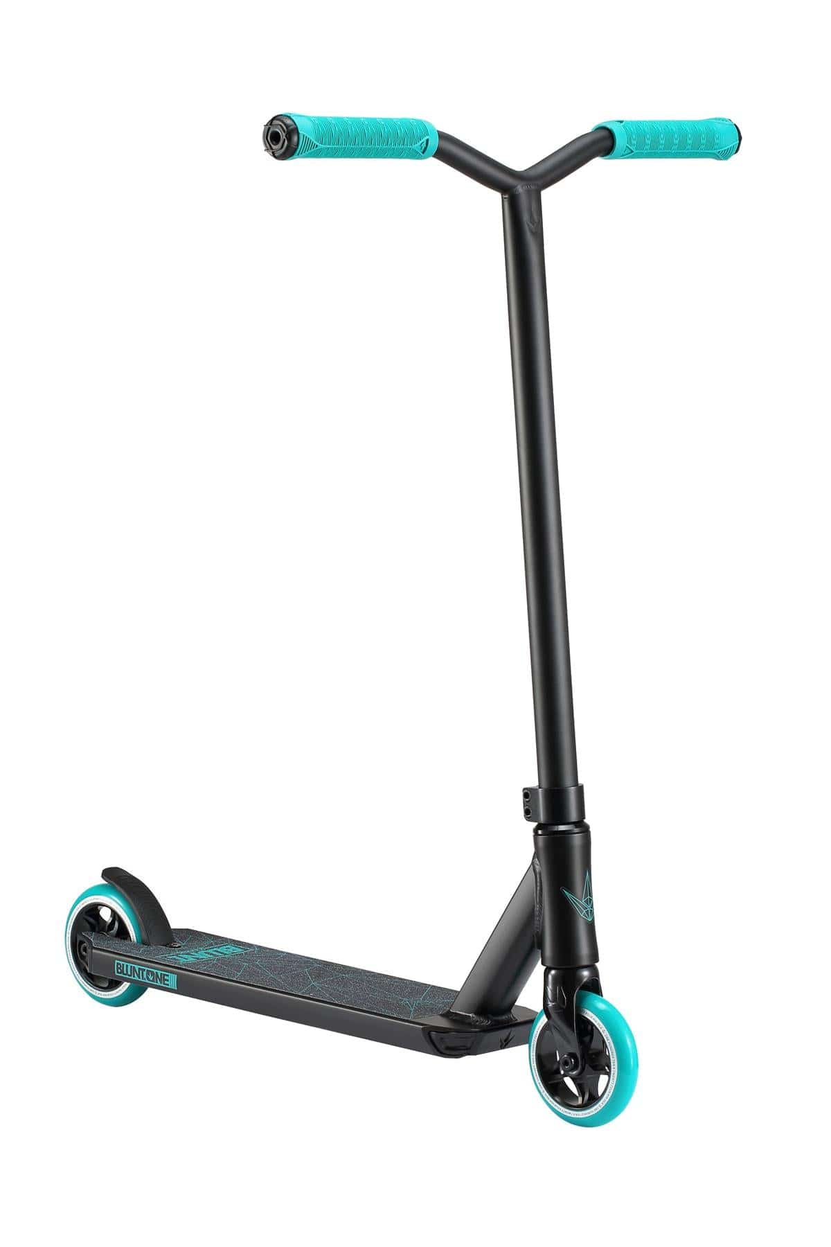 The Blunt Envy ONE S3 Complete Stunt Scooter in teal showcases a striking black and turquoise design, featuring a Y-shaped handlebar and two vibrant wheels. The aluminum deck boasts a textured grip, complementing the matching turquoise wheels and handlebar grips. This Blunt Envy stunt scooter stands upright, poised for action.