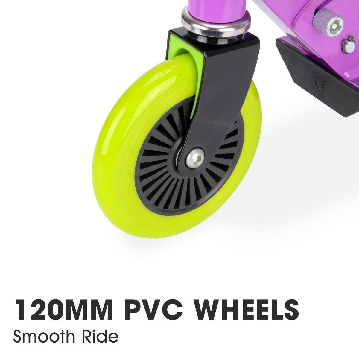 Close-up of a vibrant green 120mm PVC wheel attached to a Xootz Atom Foldable Kids Scooter in purple, showcasing black spokes and a metal axle. The text reads, "120MM PVC WHEELS Smooth Ride." Experience the lightweight frame for easy transportation and adjustable handlebars for added comfort.