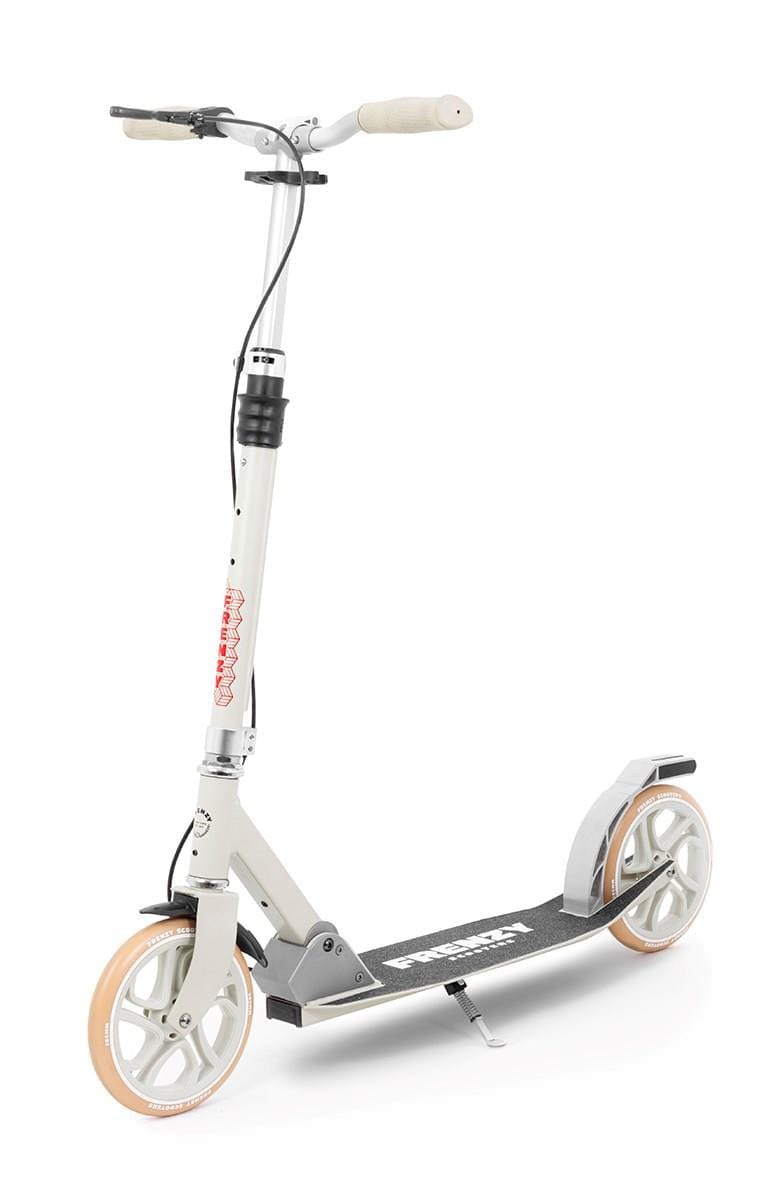 The Frenzy 205mm Dual Brake V4 Foldable Commuter Scooter in cream offers a sleek design with large wheels and features black grip tape, branded "Frenzy," on the deck. It has beige handlebar grips and is designed for convenience with its foldable structure, complemented by a dependable rear wheel brake for enhanced safety.