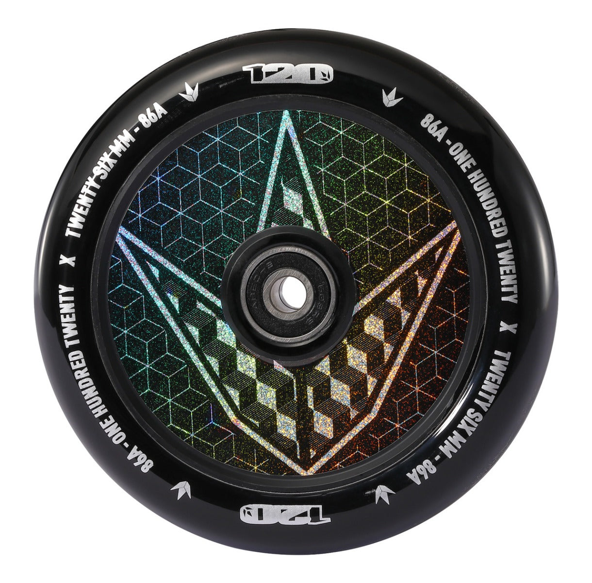 A detailed view of a scooter wheel from the Blunt Envy 120mm Hollow Core Stunt Scooter Wheel - Geo Logo Hologram, highlighting its black finish and holographic geometric pattern on the core. The design incorporates hexagons and a central emblem, leveraging hollow core technology for optimal performance. The text around the rim includes "120", "TWENTY SIX MM", and "84A - ONE HUNDRED TWENTY".