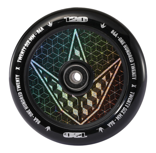 A detailed view of a scooter wheel from the Blunt Envy 120mm Hollow Core Stunt Scooter Wheel - Geo Logo Hologram, highlighting its black finish and holographic geometric pattern on the core. The design incorporates hexagons and a central emblem, leveraging hollow core technology for optimal performance. The text around the rim includes "120", "TWENTY SIX MM", and "84A - ONE HUNDRED TWENTY".