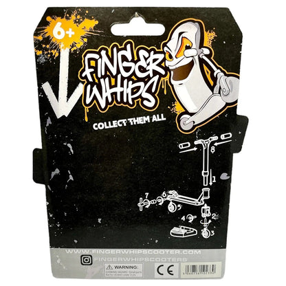 The packaging for the Fingers Whips Finger Toy Scooter - Chrome features an adventurous finger character deftly handling finger scooters, capturing an extreme sports vibe. It comes with simple assembly instructions, is recommended for ages 6 and up, and includes social media information at the bottom for more exciting updates.