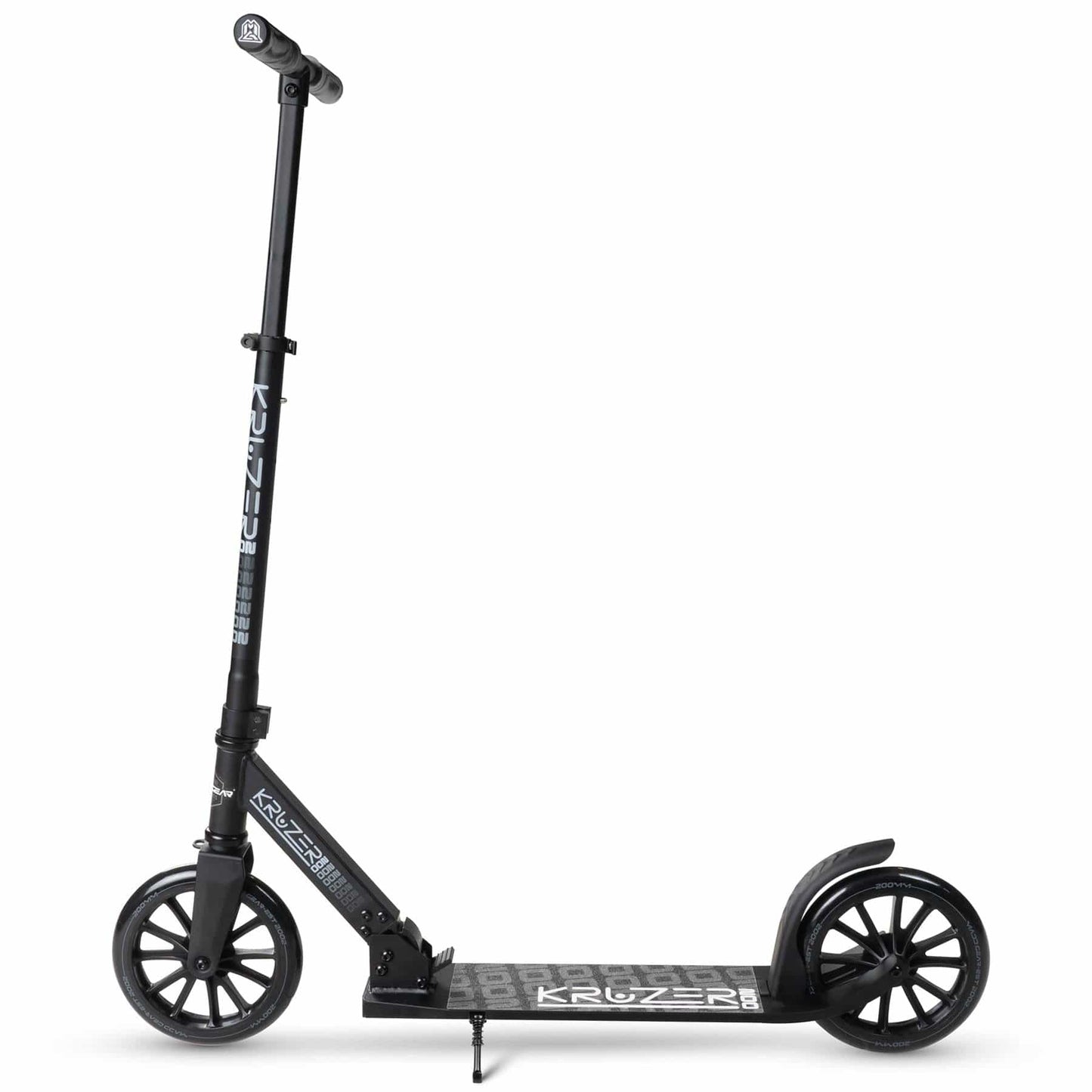 The Madd Gear MGP Carve Kruzer V2-200 Commuter Foldable Scooter in black boasts a sleek design with large wheels and a sturdy handlebar. Its deck prominently features the "Kruzer" text. Ideal for city rides, this folding scooter is displayed on a white background.