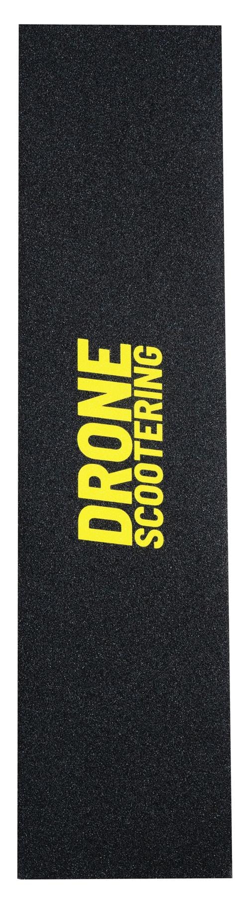 The Drone 'Scootering' Logo Stunt Scooter Griptape, by Drone, in black with rough texture and bold yellow "DRONE SCOOTERING" text at the center, is designed for stunt riders seeking exceptional control.