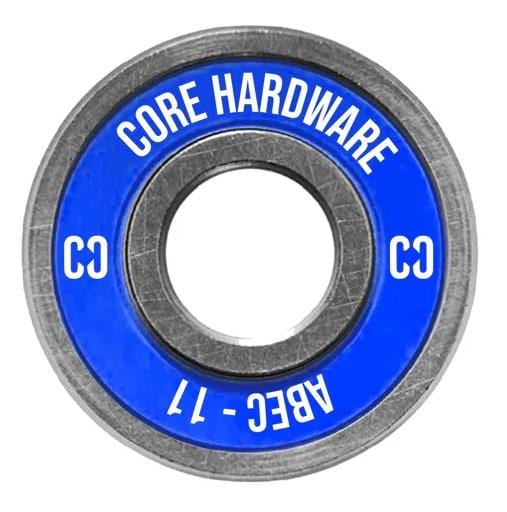 Close-up of a round metal skate bearing featuring the text "CORE ABEC 11 Scooter Bearings - 4 Pack" and "premium materials" on a blue ring, ensuring a smooth and effortless ride.