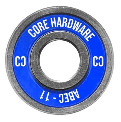 Close-up of a round metal skate bearing featuring the text "CORE ABEC 11 Scooter Bearings - 4 Pack" and "premium materials" on a blue ring, ensuring a smooth and effortless ride.