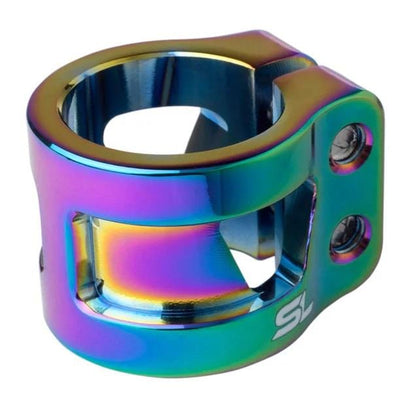 The Core SL Double Bolt Scooter Clamp in Neochrome from CORE merges sleek aesthetics with functionality through its metallic rainbow hue, cutout design, and two exposed screws. Its glossy finish is as striking as it is practical, proudly displaying the CORE logo on the side.