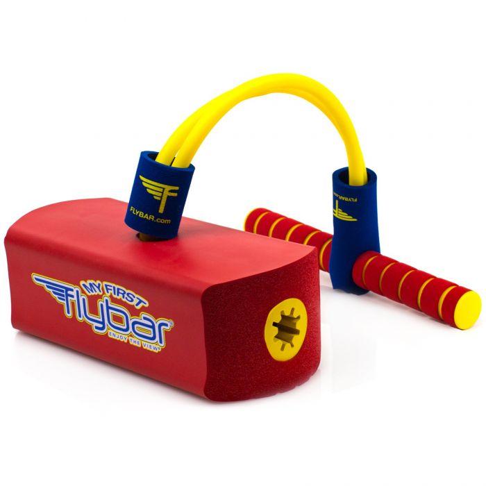 Introducing the Flybar My First Foam Pogo Jumper in red and yellow. Manufactured by Flybar, this kids' pogo stick comes with blue handles and is equipped with a soft base, yellow tube, and red grips, perfect for engaging children in active play.